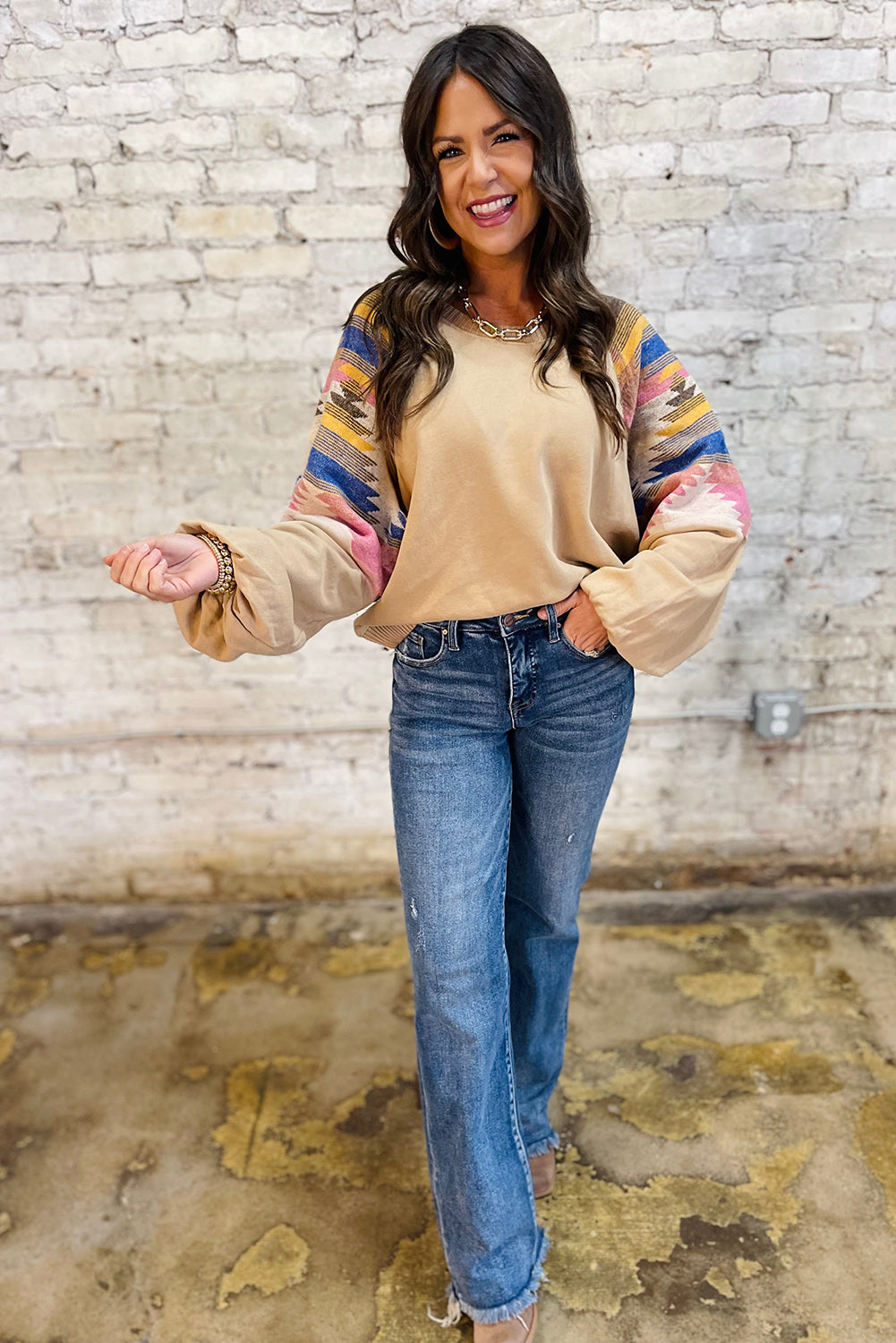 Light French Beige Geometric Patchwork Raglan Sleeve Pullover Sweatshirt 3b1808b5c89d9821