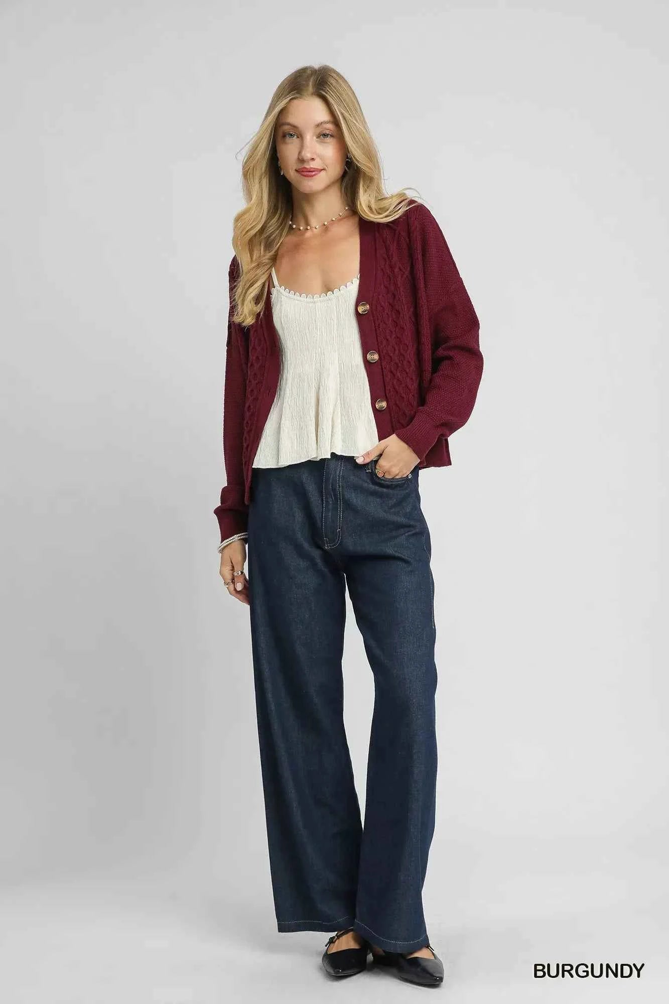Umgee Chunky Cable Knit V-Neck Button-Up Cardigan 3b1cf709-f854-4683-8484-516fe43f1d5a-Max-Origin