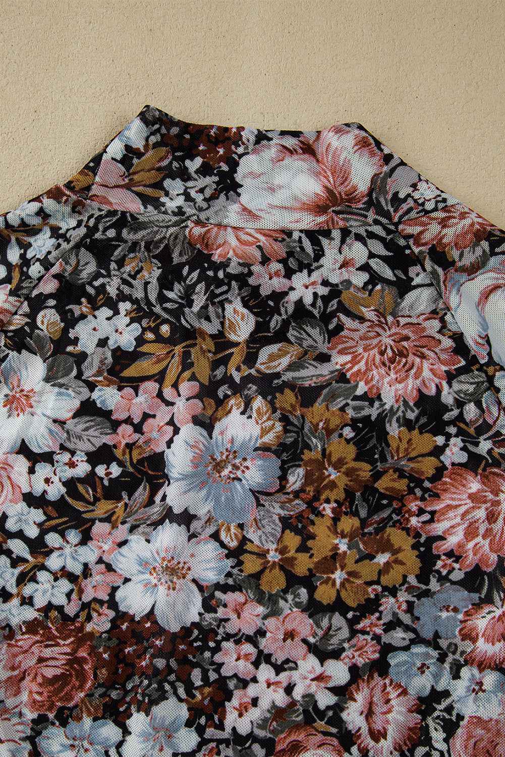 Brown Floral Print Mesh Mock Neck Slim Top 3b2a19a1517369bf