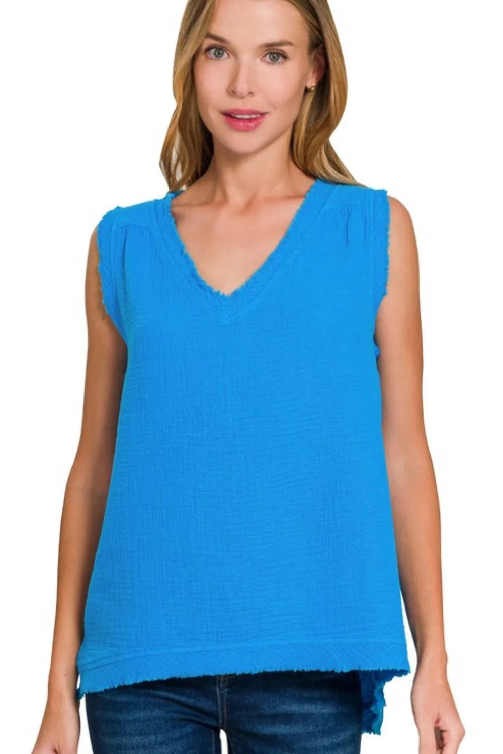 Zenana Double Gauze Raw Edge V-Neck Tank DEEP SKY 3b2ad700-9fe2-4c2c-a4ff-1d55f8f5f728-Max-Origin