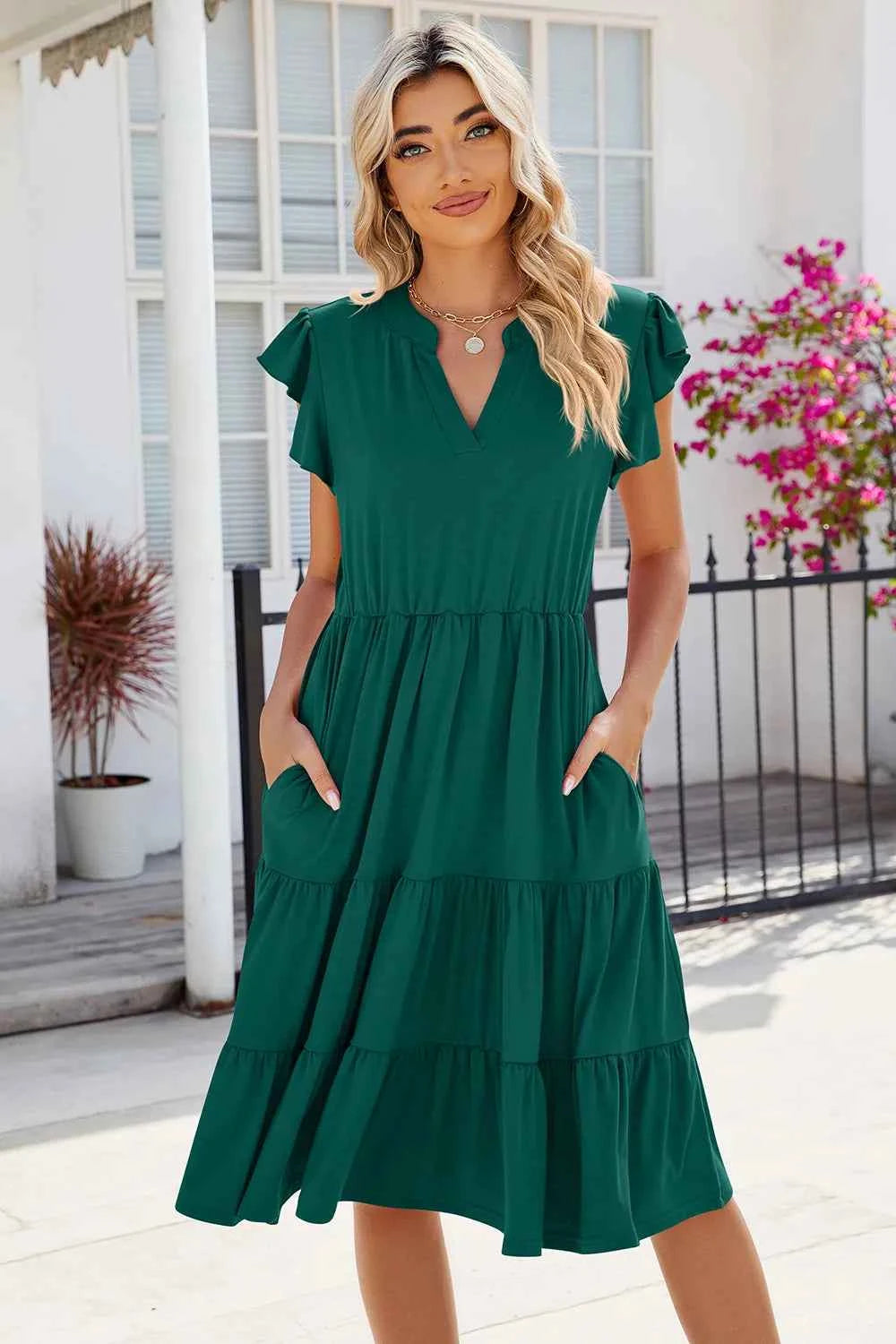 Ruched Notched Cap Sleeve Dress Dark Green 3b2bb7f7-654e-4c6c-ac58-320f3bf1d986-Max