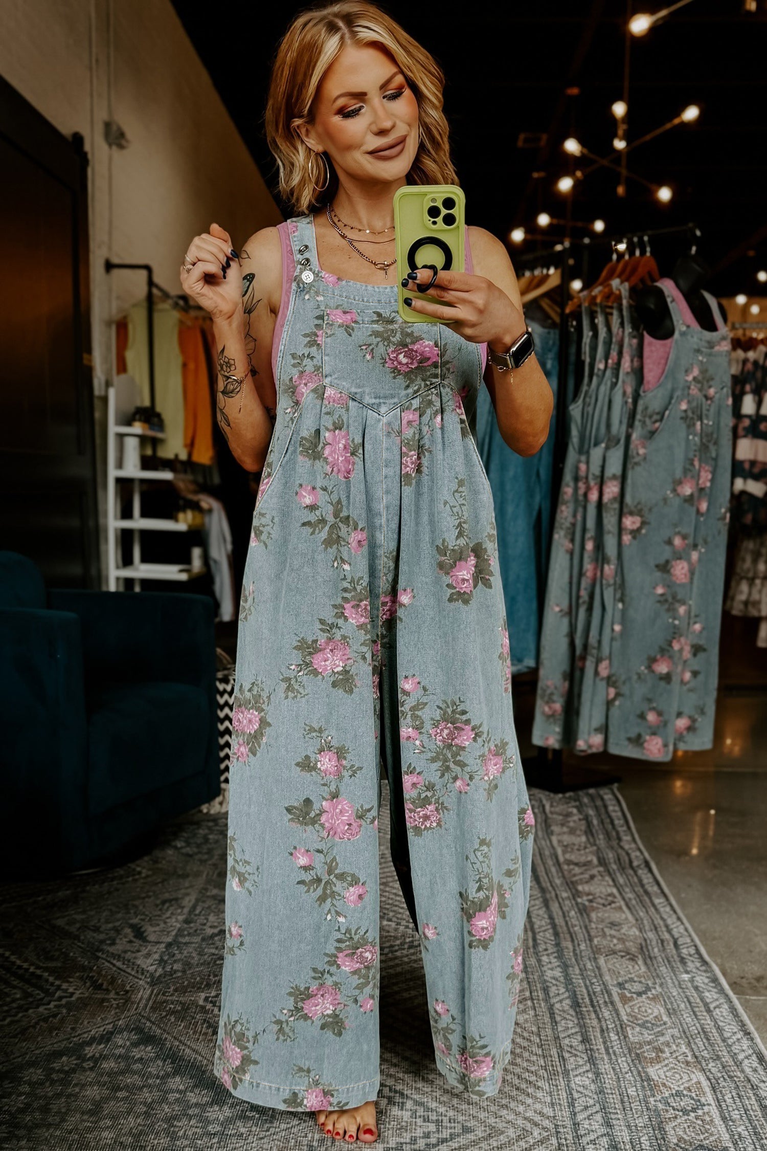 Beau Blue Floral Print Pleated High Waist Wide Leg Denim Jumpsuit 3b2e53602fd54a7f