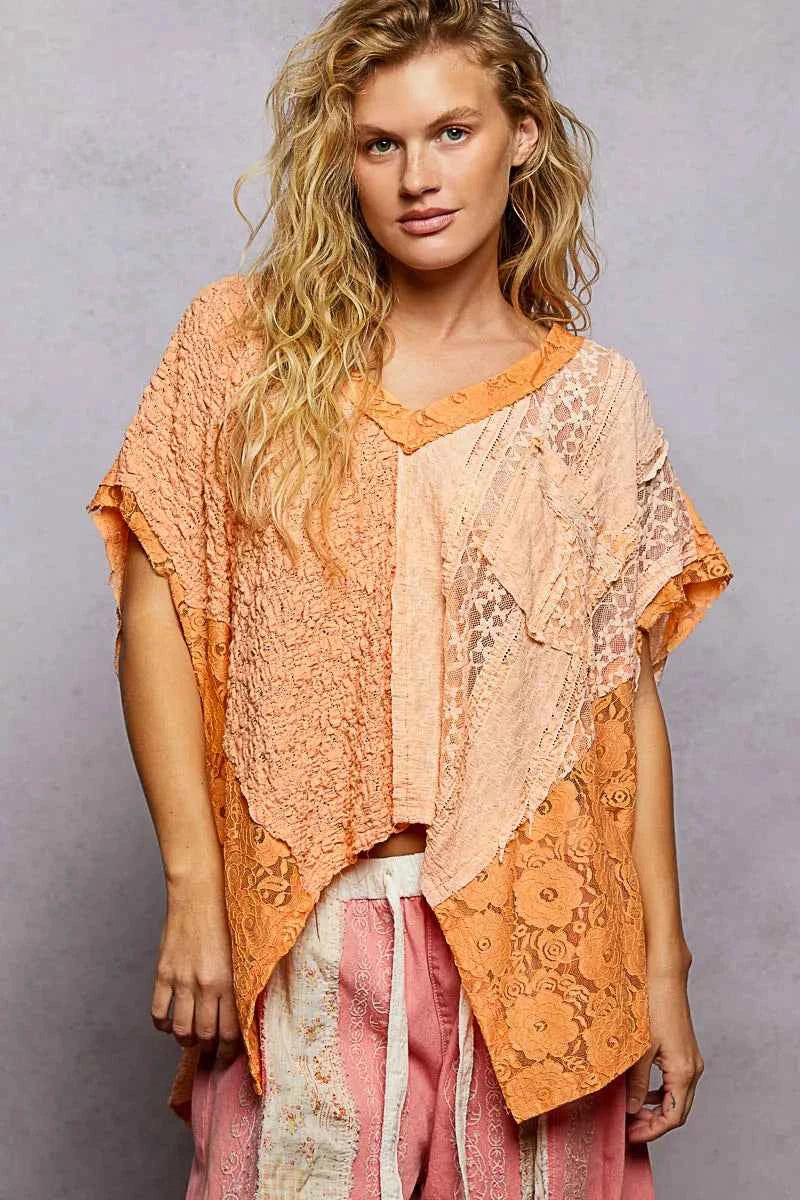 POL Asymmetrical V-Neck Short Sleeve Lace Top ORANGE 3b32e7d6-d3c1-459c-a547-790a243129eb-Max-Origin