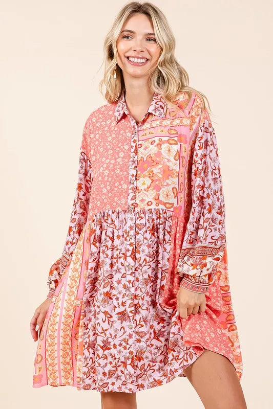 Mittoshop Floral Button Detail Long Sleeve Shirt Dress Coral Pink 3b330540-396e-46e1-b5bf-2ff9f79c3738-Max