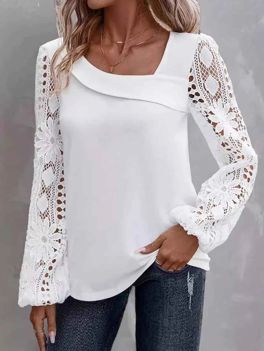 Asymmetrical Lace Long Sleeve Blouse 3b385625b85747ada4b72e2791d39206-Max-Origin