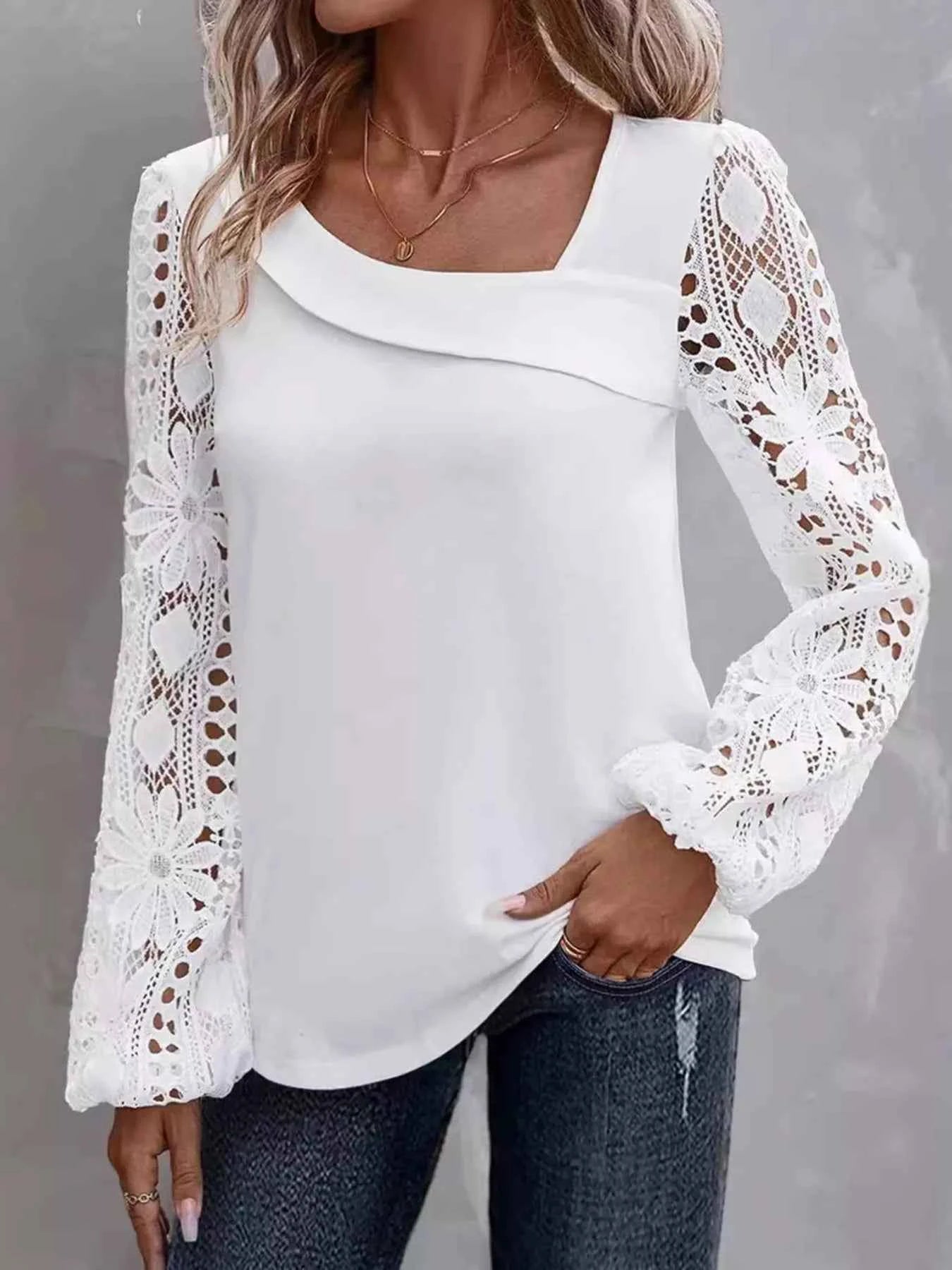 Asymmetrical Lace Long Sleeve Blouse 3b385625b85747ada4b72e2791d39206-Max-Origin