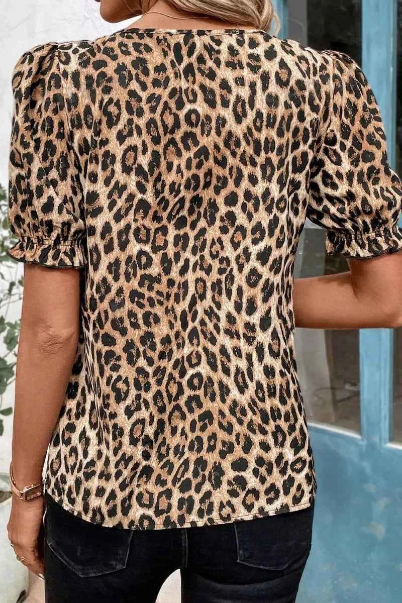 Leopard Ruffled Neck Cascading Puff Short Sleeve Top 3b3b8148-6d81-4d54-bc54-7faa8f4fb678-Max