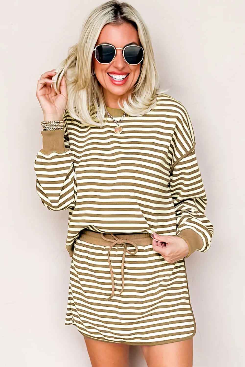 Black Stripe Textured Drop Shoulder Pullover Top Drawstring Mini Skirt Two Piece Dress Set 3b44ab499dfd61c0