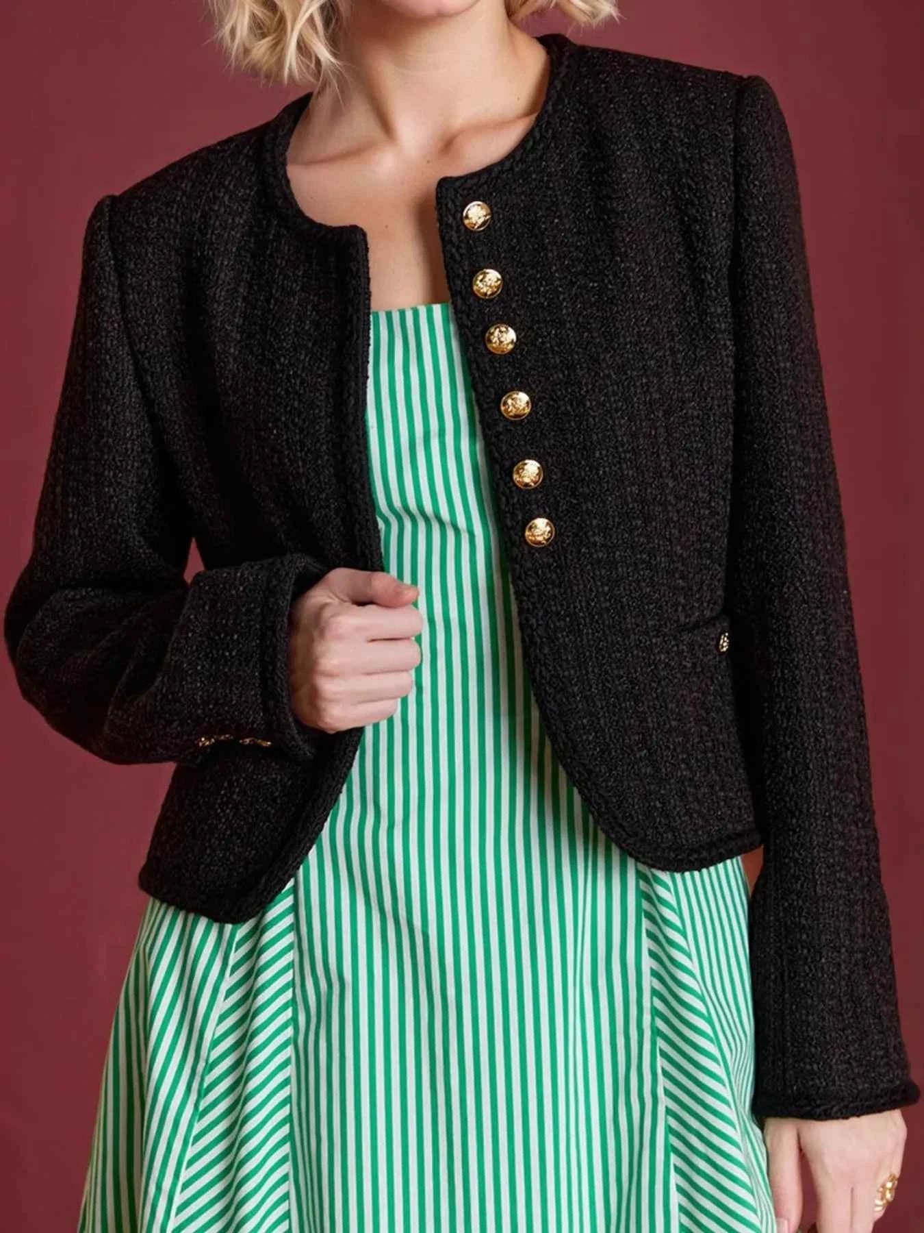 Button Up Long Sleeve Textured Outerwear Black 3b4657c167844b169cdf544abfd03248-Max-Origin