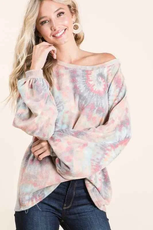 Brushed Tie Dye Print Top with Puff Sleeves 3b4728917a974fe19c270d2023ab4017-Max-Origin