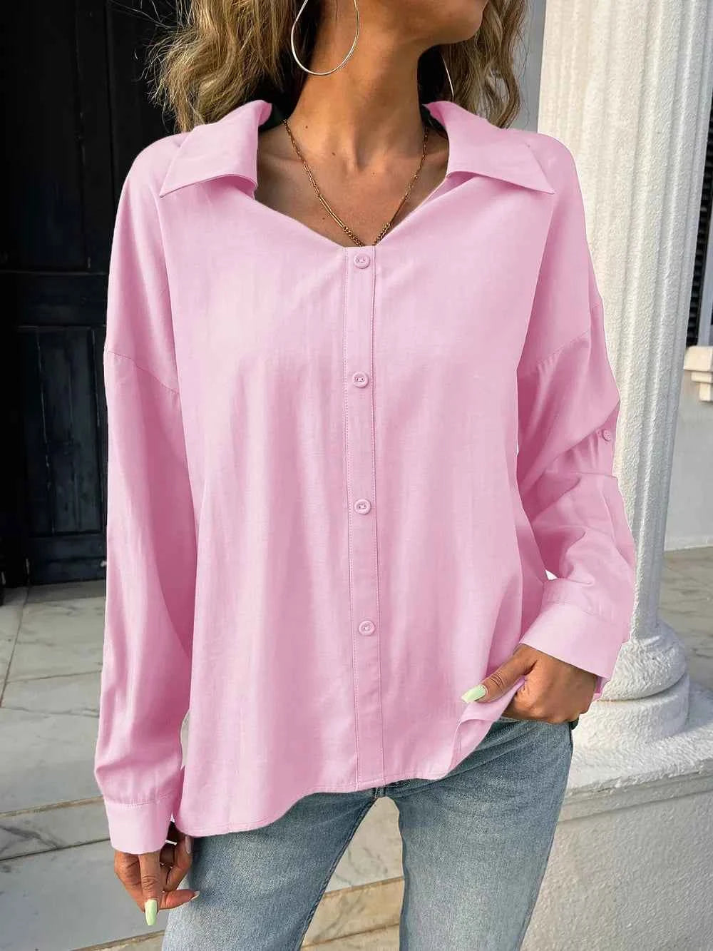 Button Down Collared Neck Long Sleeve Shirt Pink 3b4e0026-7c68-49c8-98ee-6dc14ebf306c-Max