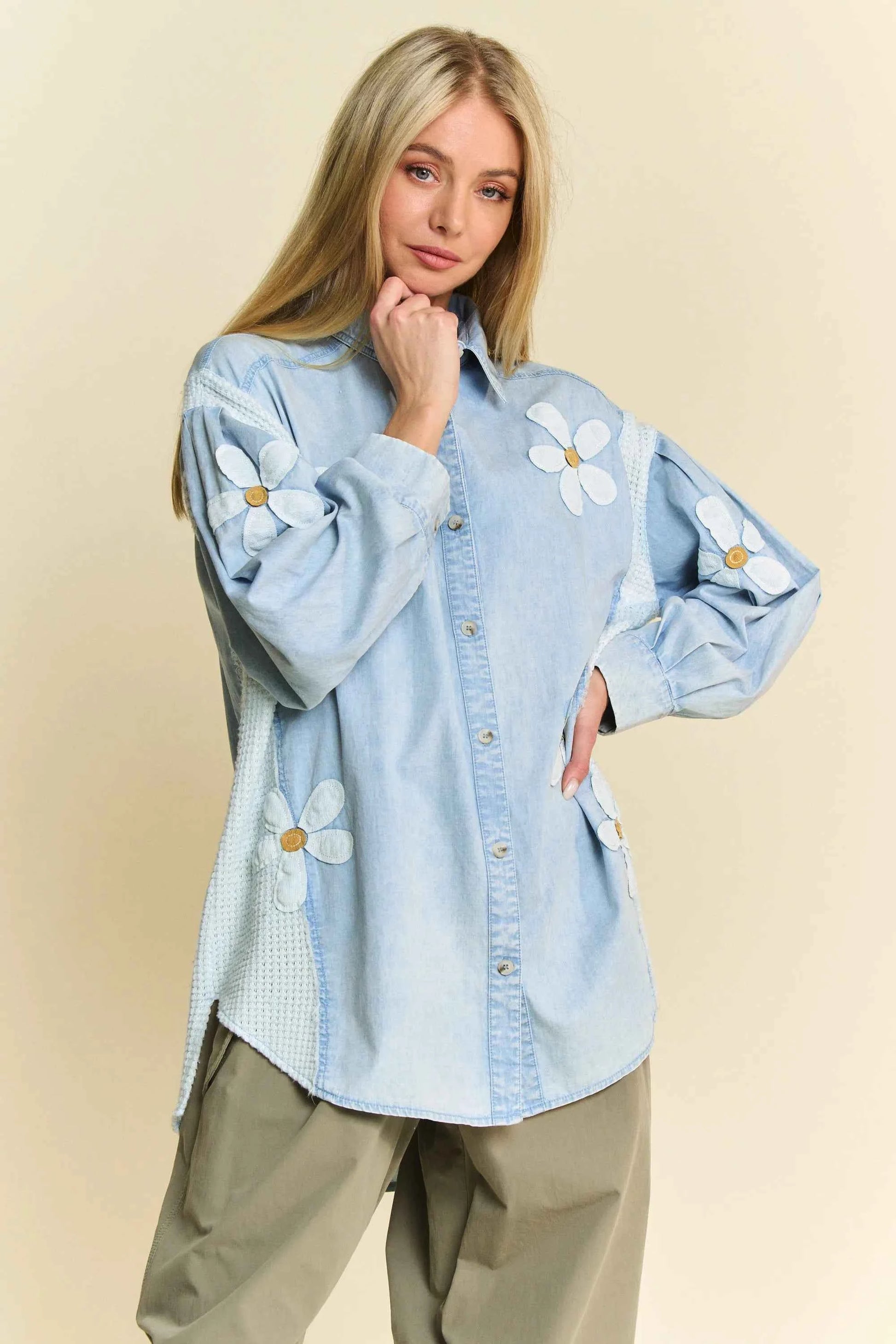 Davi & Dani Lightweight Washed Daisy Patch Waffle Knit Shirt LIGHT DENIM 3b4e320de83e433db00286ed95f11b8f-Max-Origin