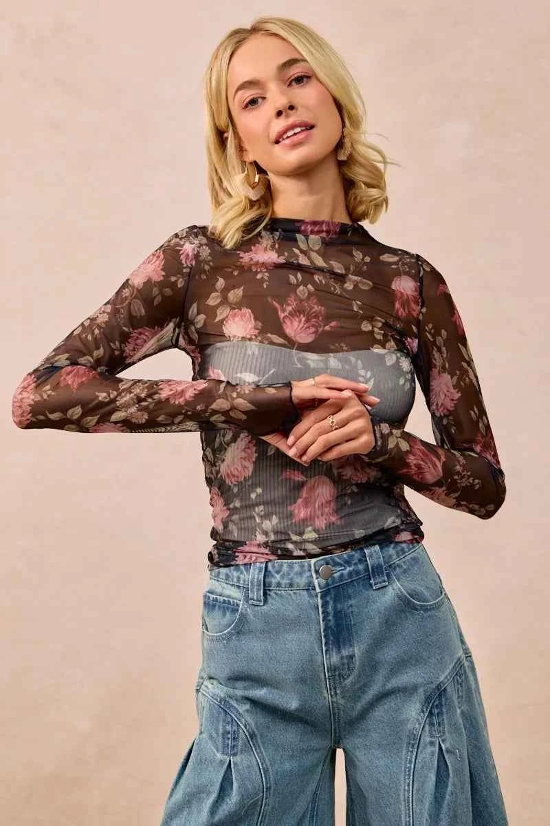 BiBi Flower Printed Mesh Lace Top with Thumb Opening 3b4fb829309140e59d7e054b36e4504b-Max-Origin