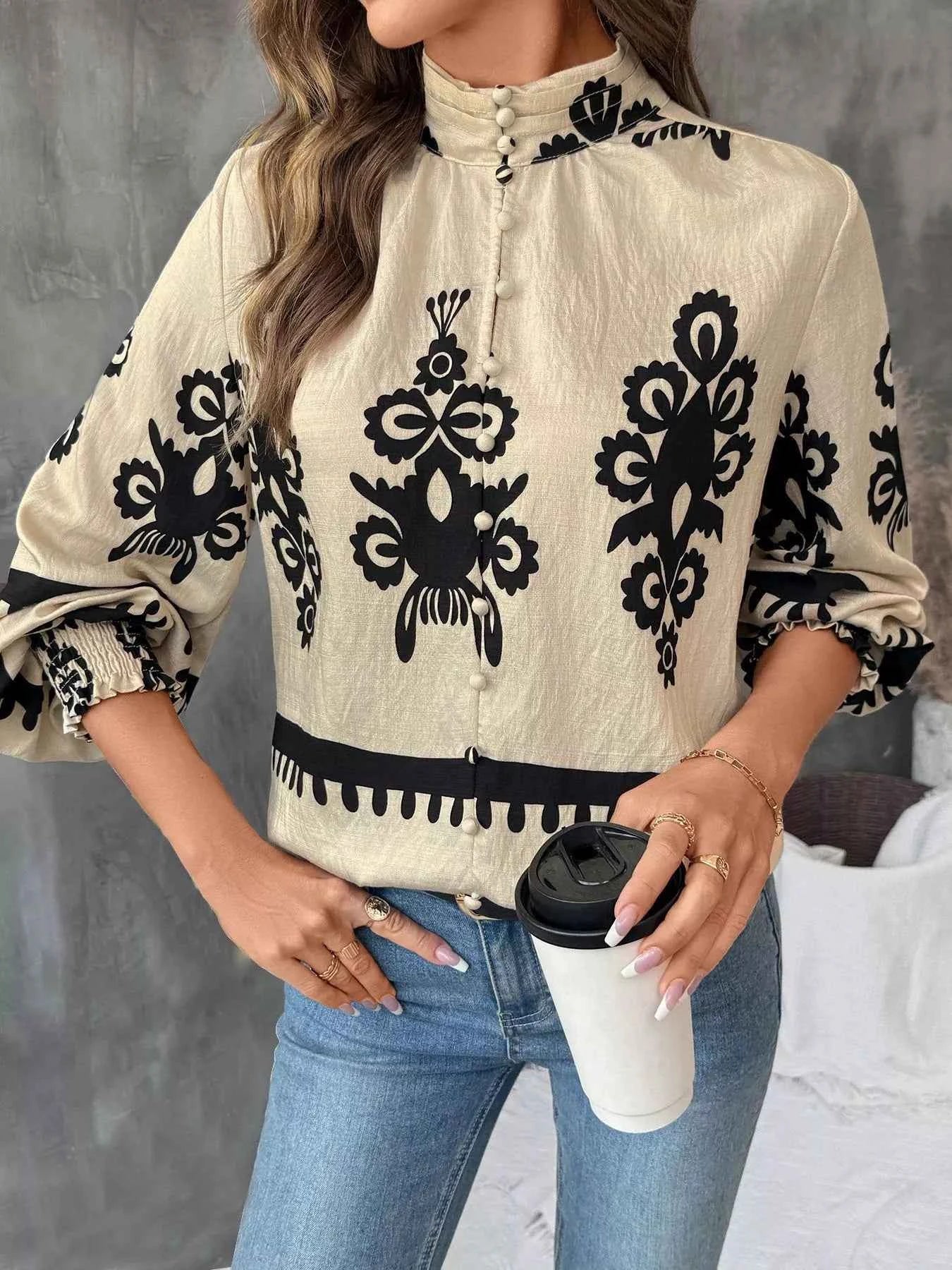 Printed Notched Lantern Sleeve Blouse 3b500b8d3864476abc33ec1a88462ee8-Max-Origin
