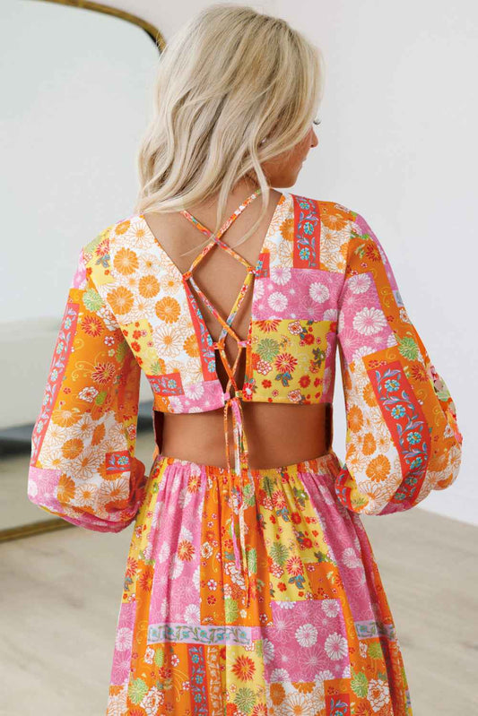 Orange Floral Patchwork Print Cut out Tied Back Bracelet Sleeve Maxi Dress 3b5052528be29e24