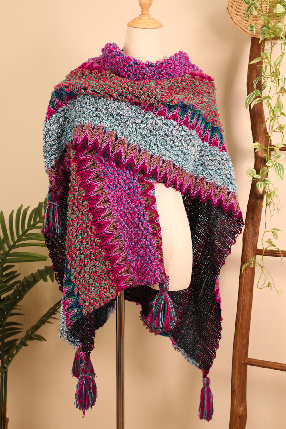 Rose Red Ethnic Tassel Knit Poncho 3b5165d3fd9e8702