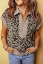 Beige Zip up Collared Leopard Cap Sleeve Top 3b56856433b9dbd2