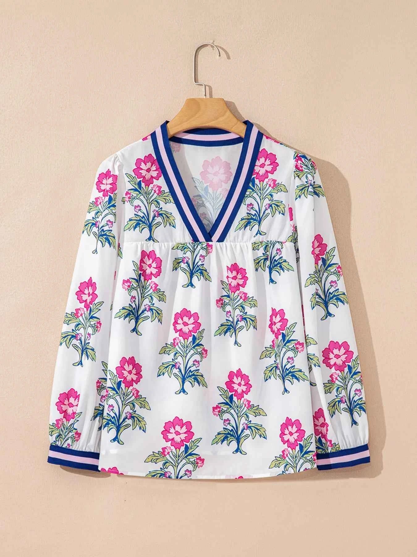 Floral Print Striped V Neck Blouse 3b631194fde64f209608ea34ad733743-Max-Origin