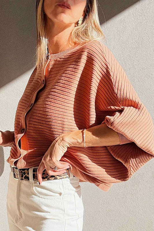 Apricot Pink Rib Knit Button Front Dolman Sleeve Cardigan 3b637d6309c3df25
