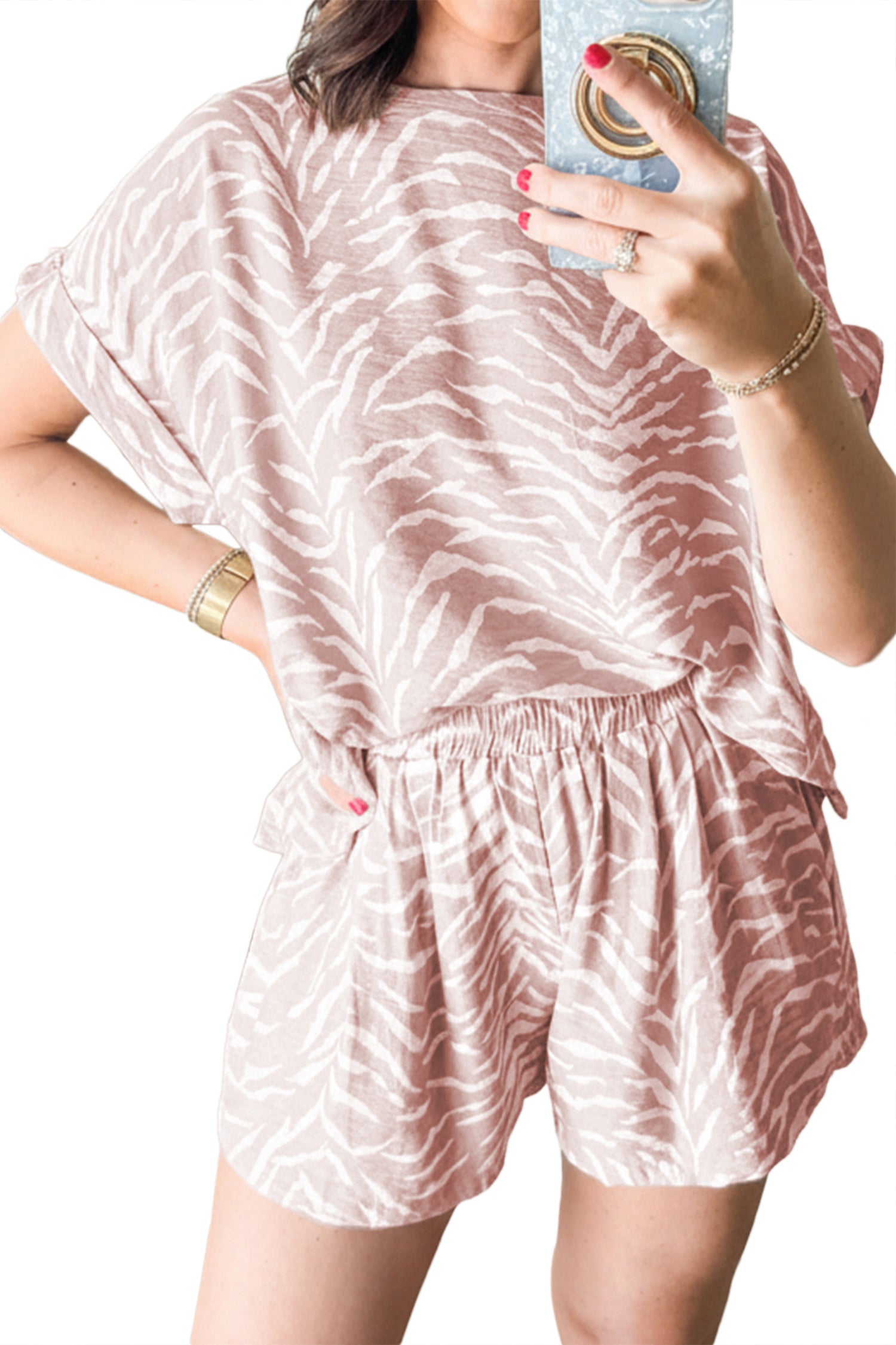 Khaki Abstract Print Cuffed Short Sleeve Loose Top Short Set 3b638be9afa30e62