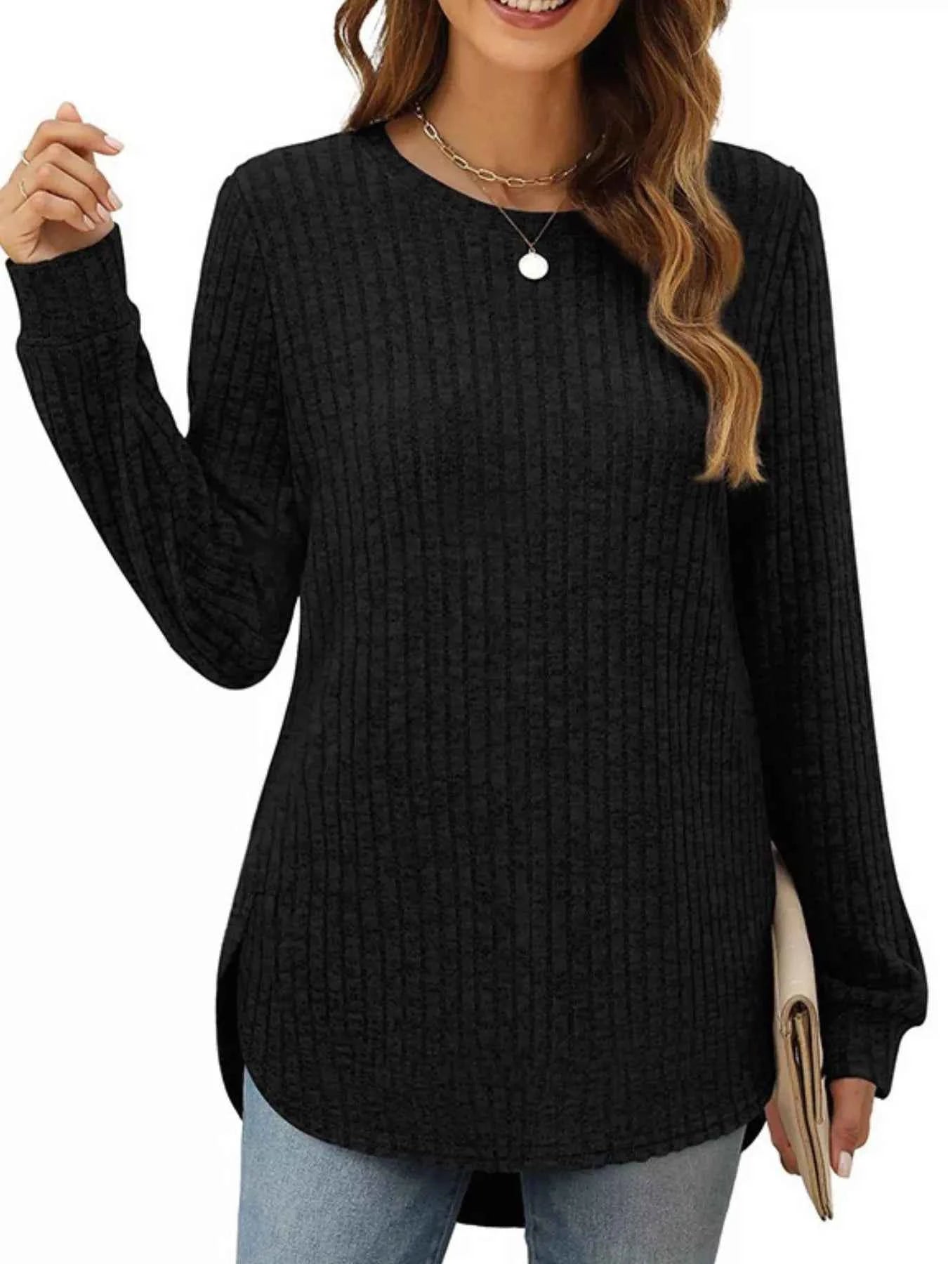 Ribbed Texture Round Neck Long Sleeve Rounded Hem Knit Top 3b67b87e-b728-4513-afcc-efe1b401f47f-Max-Origin