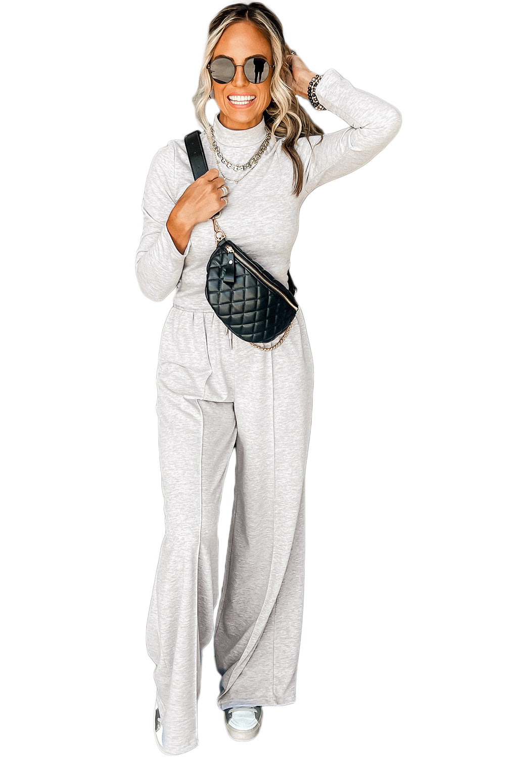 Light Grey Long Sleeve High Neck Slim Top Smocked Waist Central Seam Pants Set 3b68dc0b64760d2f