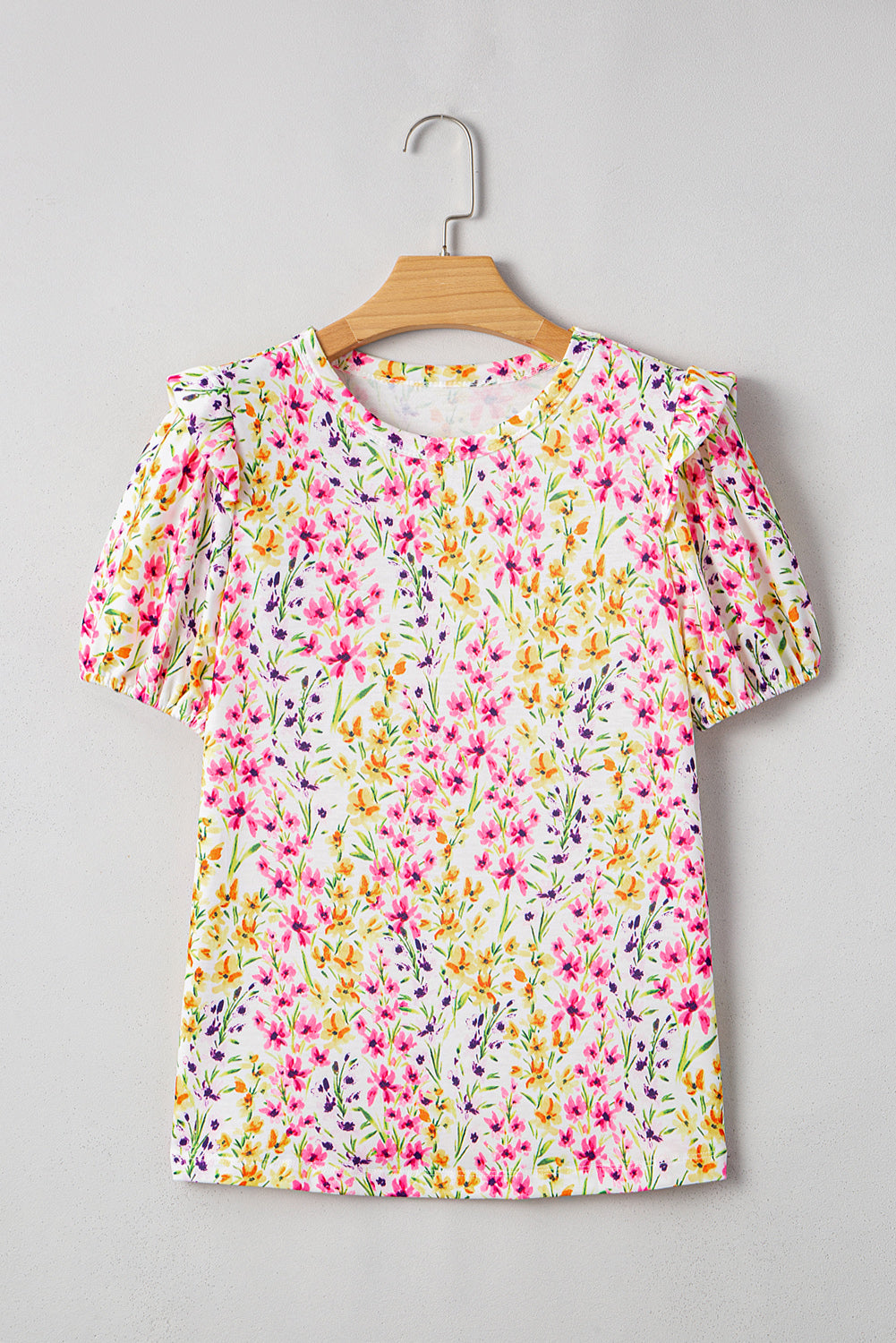 Pink Floral Puff Short Sleeve Crewneck Blouse 3b68fcc40e2059fa