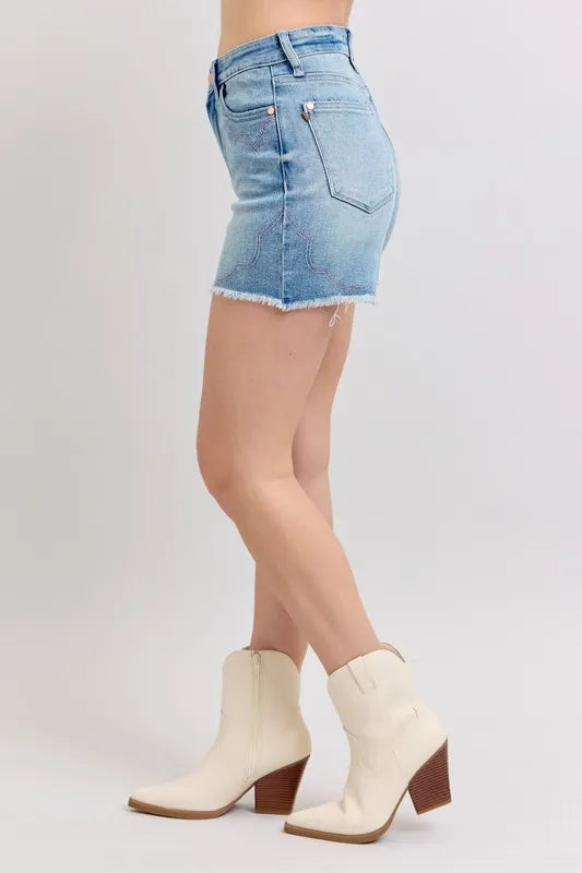 Judy Blue Full Size High Waist Western Embroidery Detail Cut Off Denim Shorts Plus Size 3b6b3567bda444bcaeaf1f7f3d81bb31-Max-Origin
