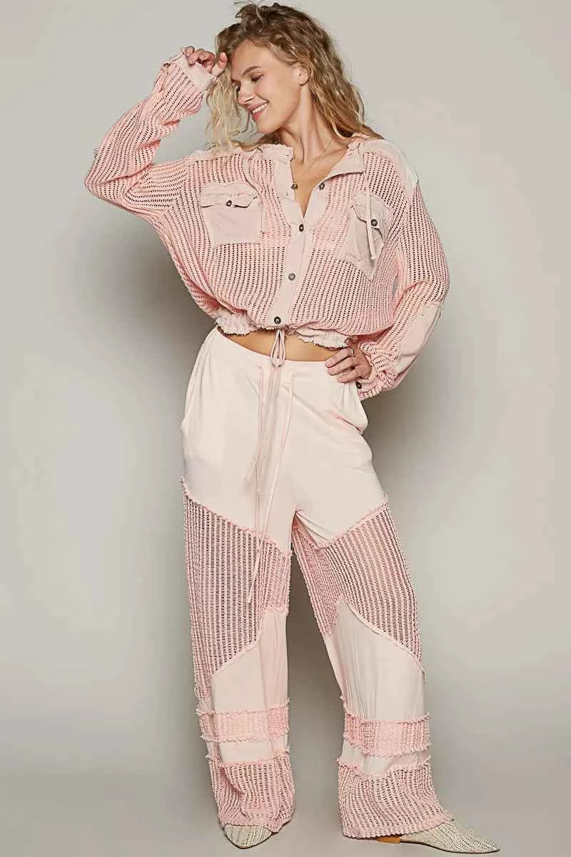 POL Texture Woven Button Down Hooded Shirt with Drawstring Hem 3b7496cf-e32a-469a-ab2d-561d4c3435f3-Max-Origin