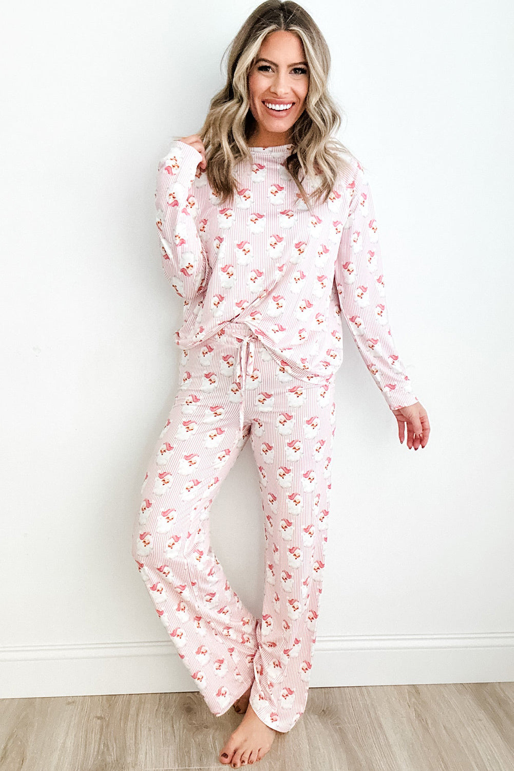 Pink Santa Claus Striped Print Loose Fit Two Piece Loungewear Set 3b7a6d672a640227