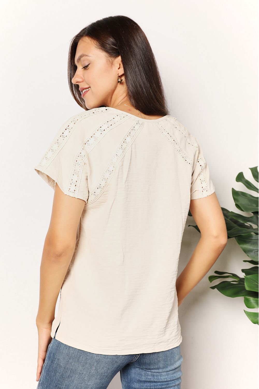 Double Take Crochet Buttoned Short Sleeves Top 3b84a2a58a05495f8cf3e948b326d6ca-Max