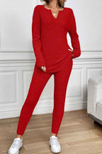 Racing Red Ribbed Notched Neck Knit Long Sleeve Leggings Two Pieces Lounge Set 3b84bb16333b1858
