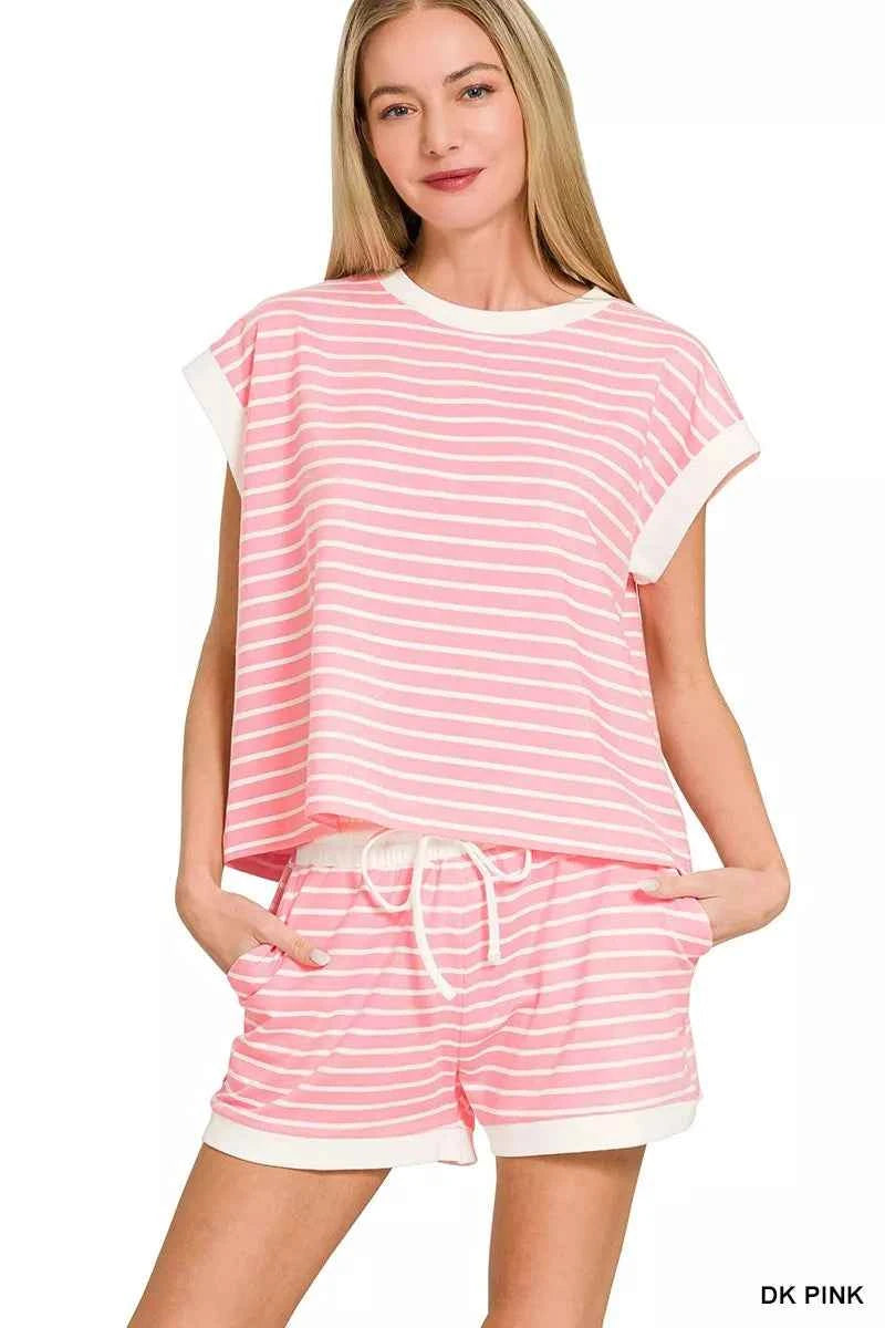 Zenana Stripe Contrast Trim Top & Shorts Set DK PINK 3b8c5ece20e04472ac6b65286e766765-Max-Origin