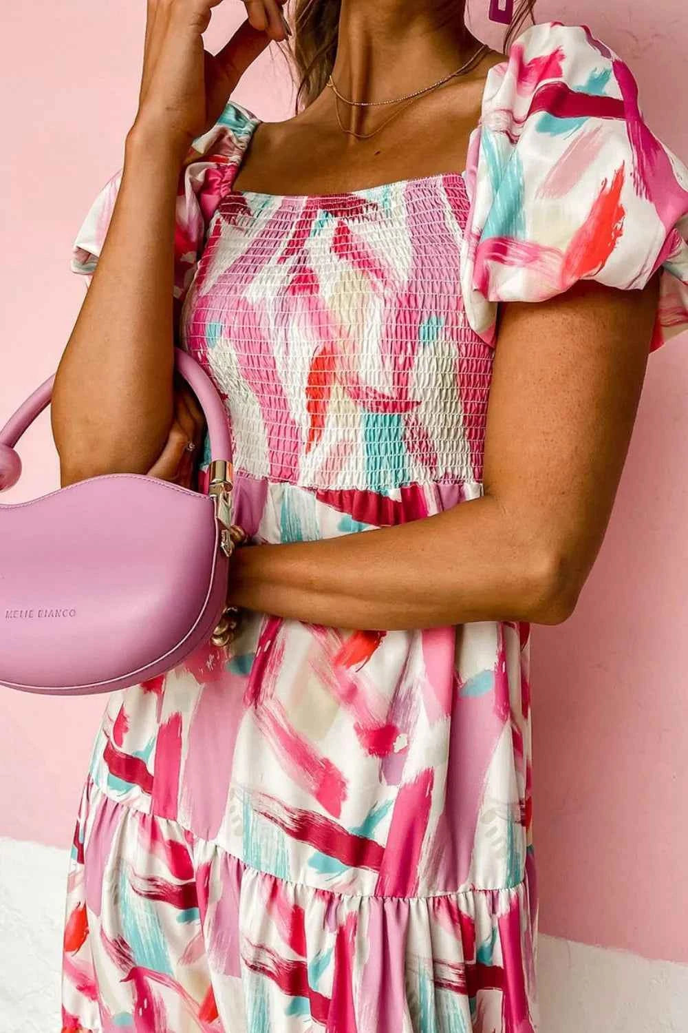 Geometric Print Puff Sleeve Square Neck Midi Dress 3b8eb00a-23a4-4cf6-aafd-d1a3863f7814-Max-Origin