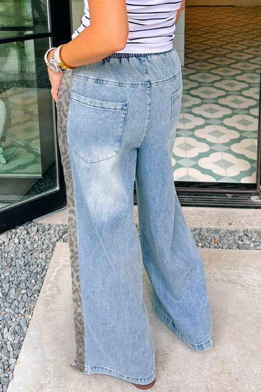Beau Blue Drawstring Elastic Waist Leopard Striped Side Panel Wide Leg Jeans 3b908f889014bc9b