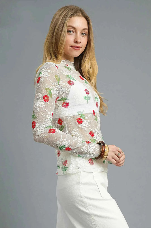 Floral Mock Neck Long Sleeve Sheer Top 3b924736-4293-450a-a81e-f250f74c3b61-Max-Origin