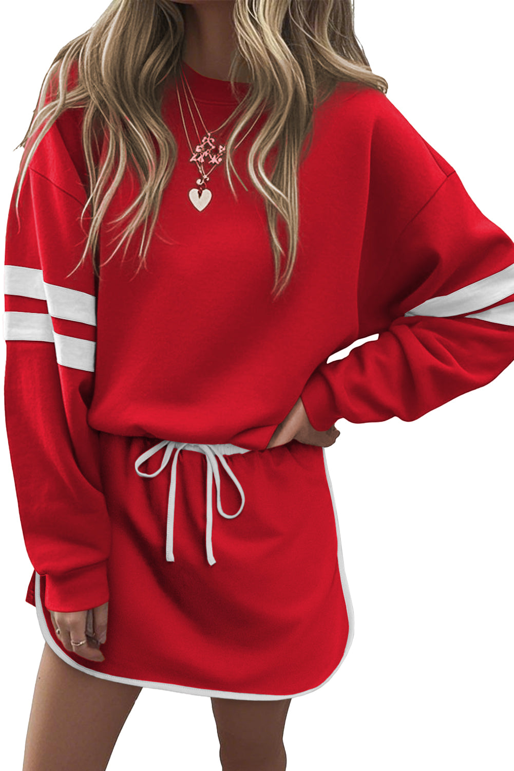 Tillandsia Purple Varsity Stripe Detail Drop Shoulder Pullover Mini Skirt Set 3b95d22f68ecfa05