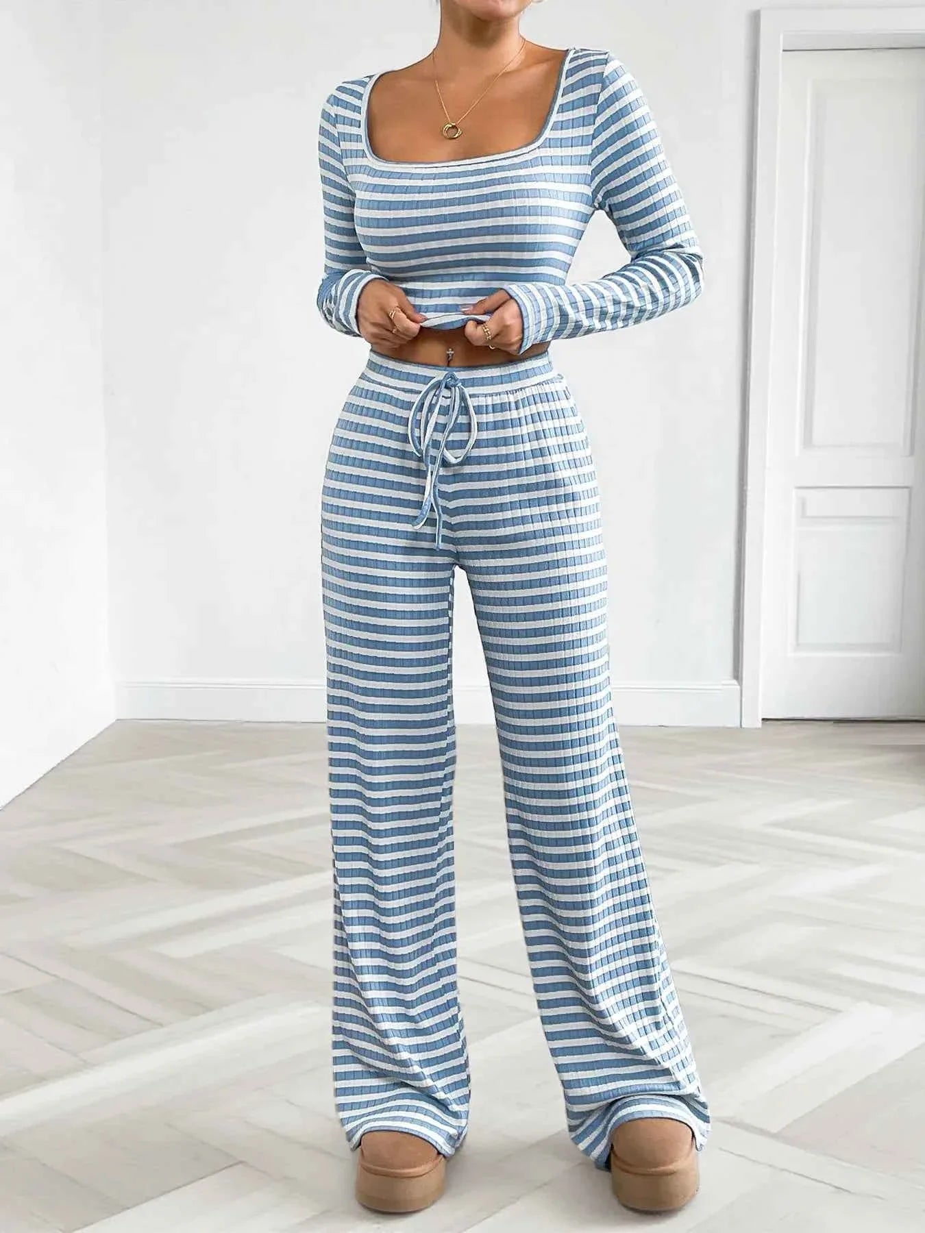 Striped Square Neck Long Sleeve Top and Pants Lounge Set 3b96739c6f4b4c3892d344828556043f-Max-Origin