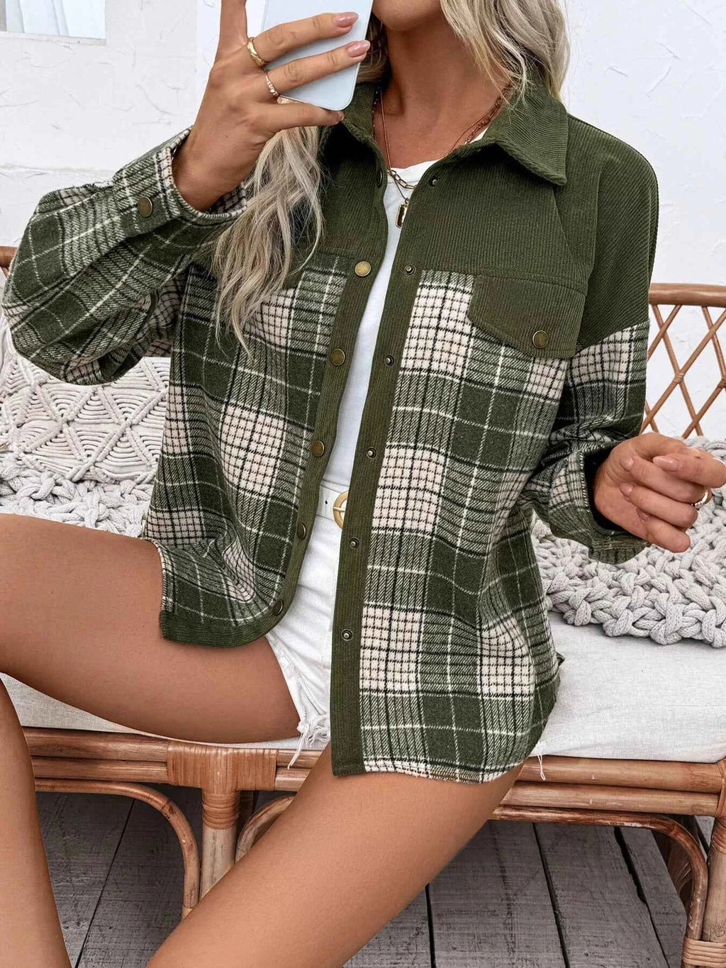 Plaid Button Up Long Sleeve Shacket Green 3b9b2b3b0c454f16bcccebcd16b1722d-Max-Origin