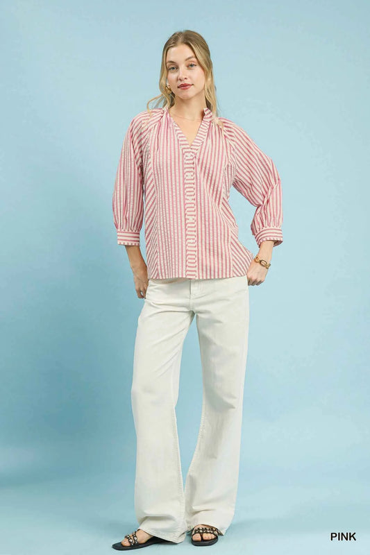 Striped V-Neck Button Down Top 3b9fbca6-1841-4e81-a768-f162e52a615d-Max