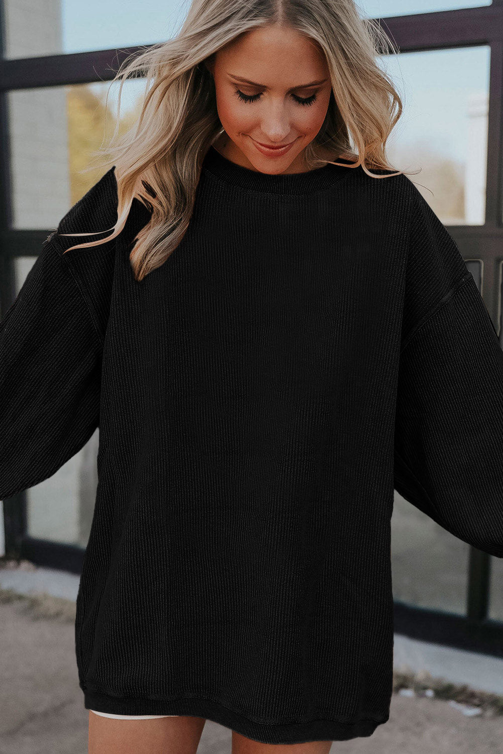 White Drop Shoulder Rib Knit Oversized Sweatshirt 3b9fc3f9a96be36d