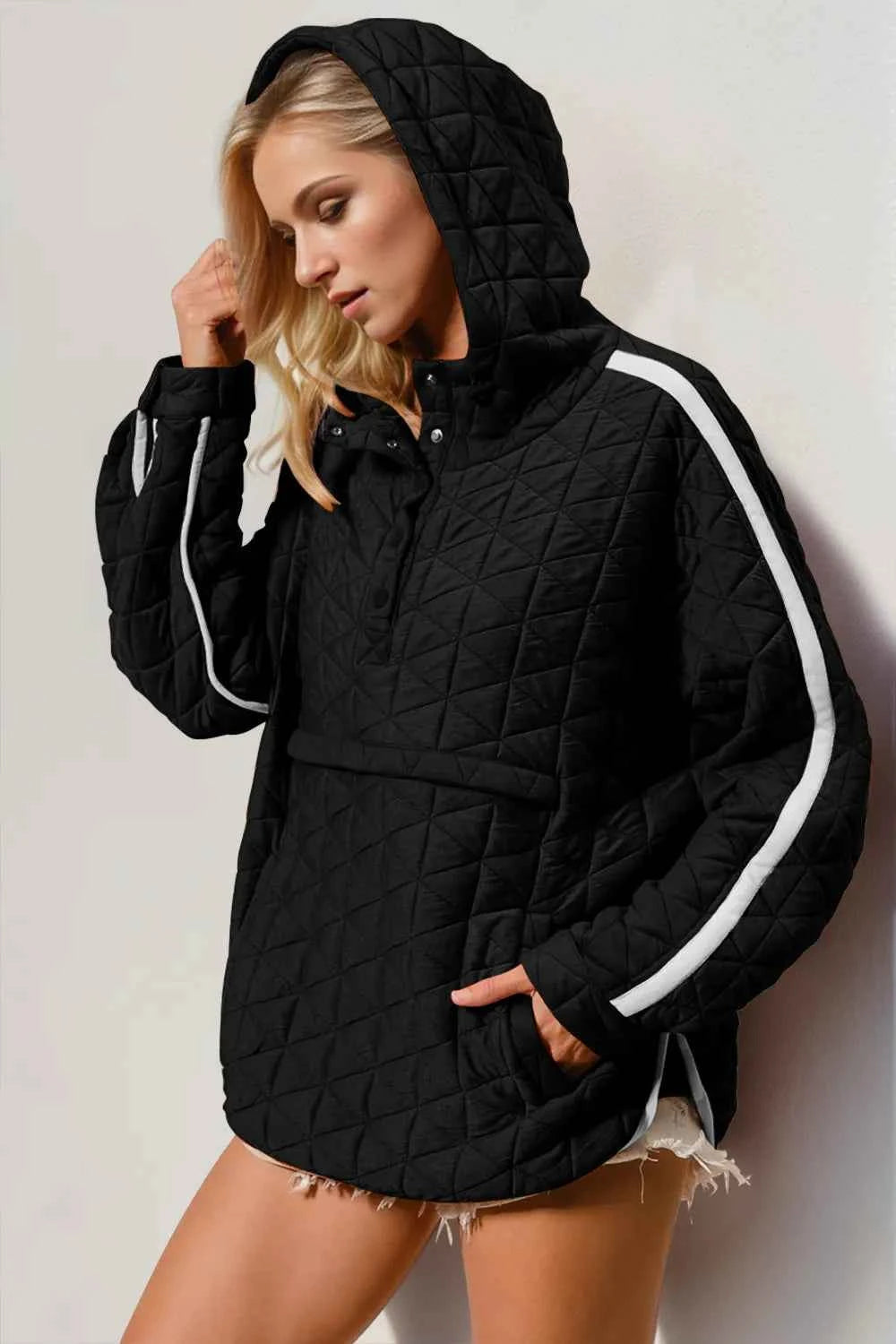 Double Take Contrast Trim Long Sleeve Half Snap Texture Hoodie with Pocket Black 3ba07ff1-d584-4119-9ae0-e94a945c0db0-Max