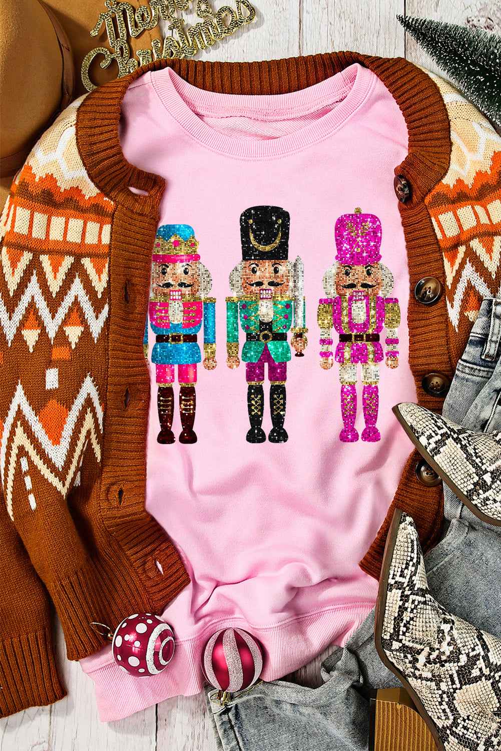Pink Cute Nutcracker Heat Transfer Printing Graphic Drop Shoulder Christmas Sweatshirt 3ba0afa5a897275a