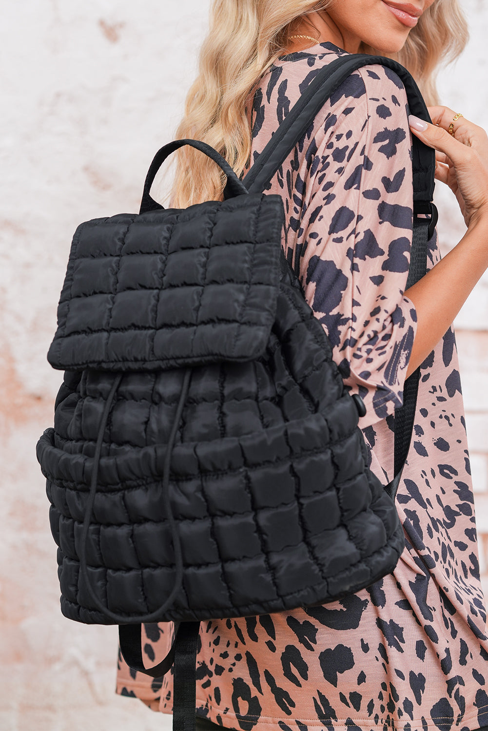 Black Solid Flapped Quilted Puffer Backpack 3ba315678d53305a
