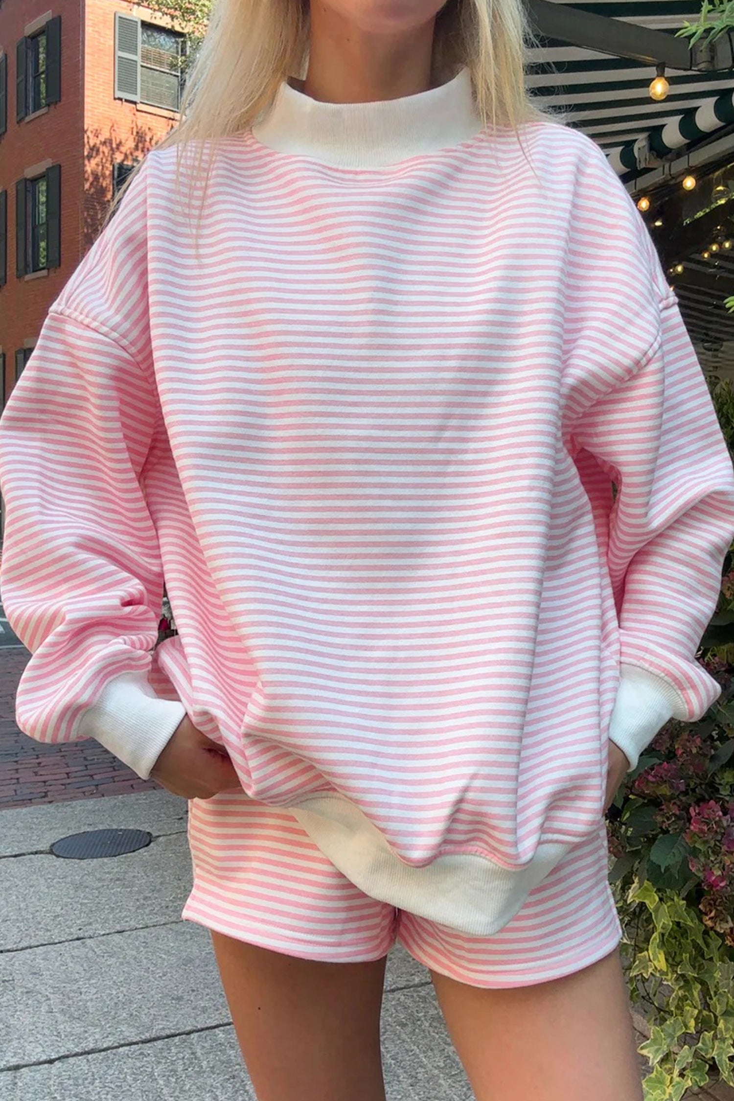 Pink Stripe Oversize Mock Neck Sweatshirt and Shorts Set 3ba347d7e7b7be2c
