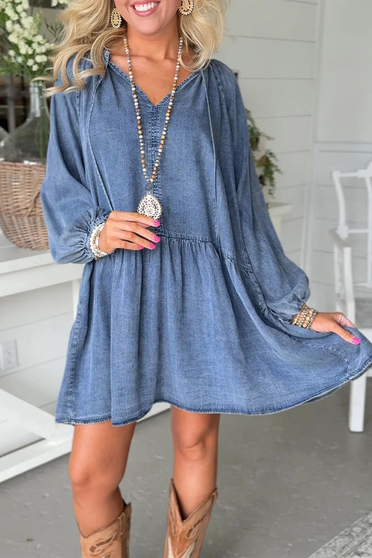 Myosotis Puff Sleeve V Neck Ruffled Loose Denim Mini Dress Myosotis 85%Cotton+15%Polyester 3ba45d1f47e61c72