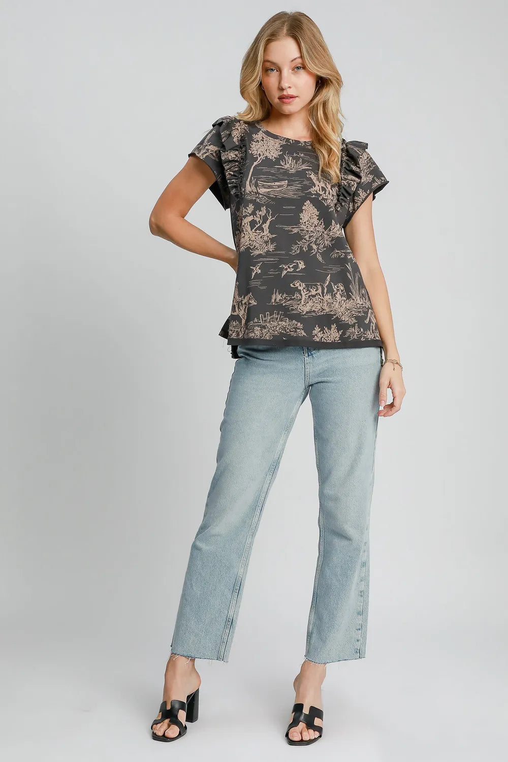 Umgee Ruffled Landscape Print Short Sleeve French Terry Top 3ba4b0d7-3694-4d19-bafb-6b00a96ef633-Max