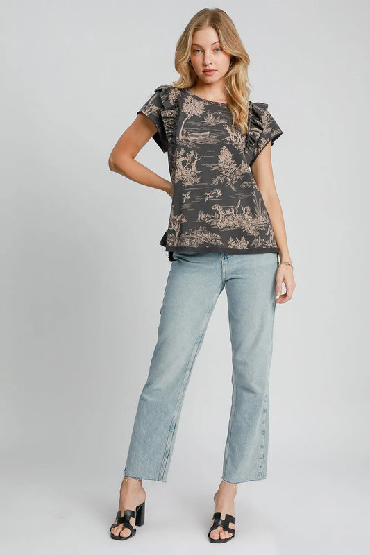 Ruffled Landscape Print Short Sleeve French Terry Top 3ba4b0d7-3694-4d19-bafb-6b00a96ef633-Max