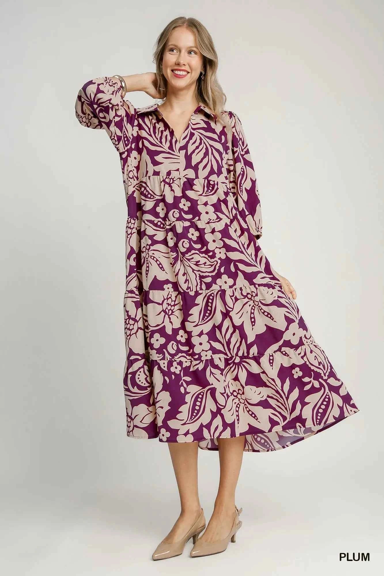 Umgee Floral Print Tiered Midi Dress PLUM 3ba7d6e4-16b0-4942-8065-1bf765592659-Max-Origin