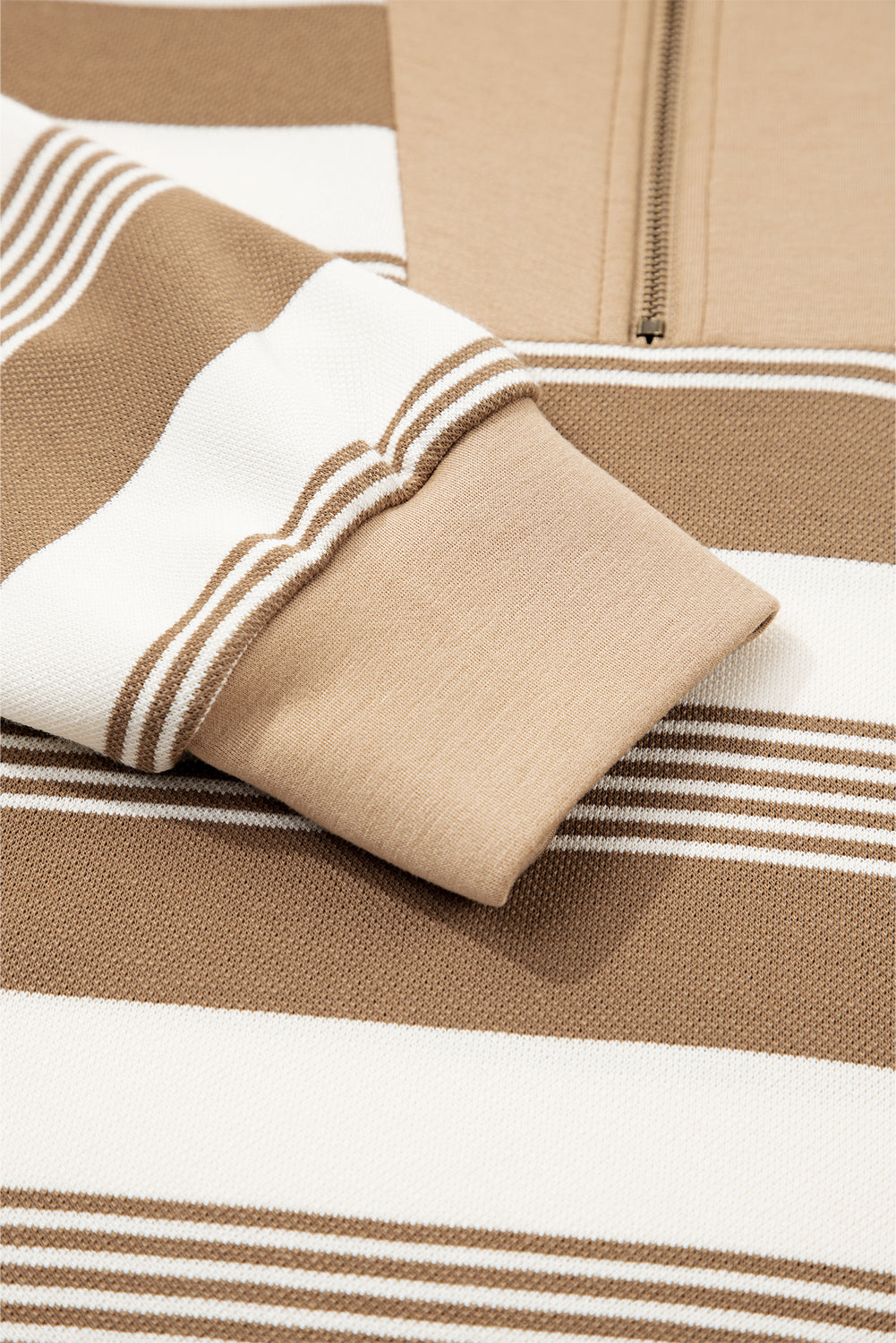 Khaki Striped Zipper Collar Pullover Sweatshirt 3baf0fcd09652f3f